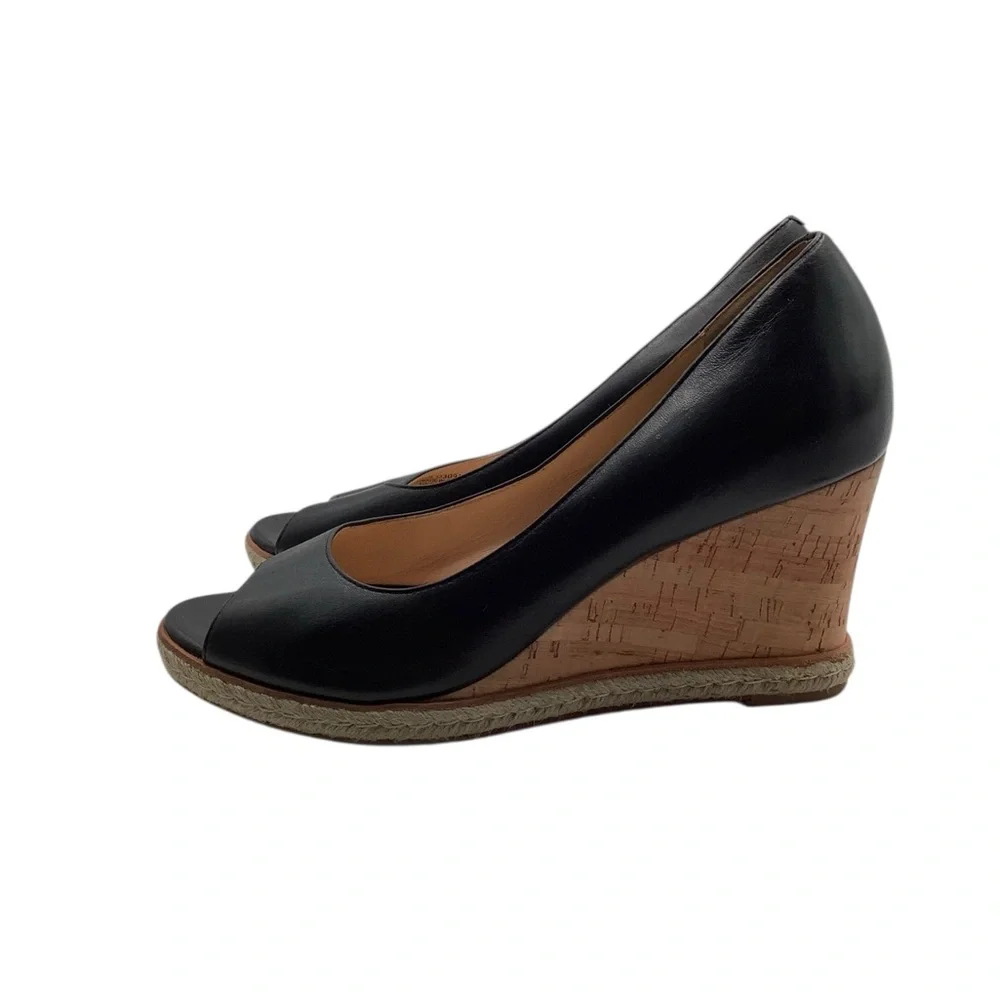 Cole Haan Black Leather Peep-Toe Wedge Espadrilles